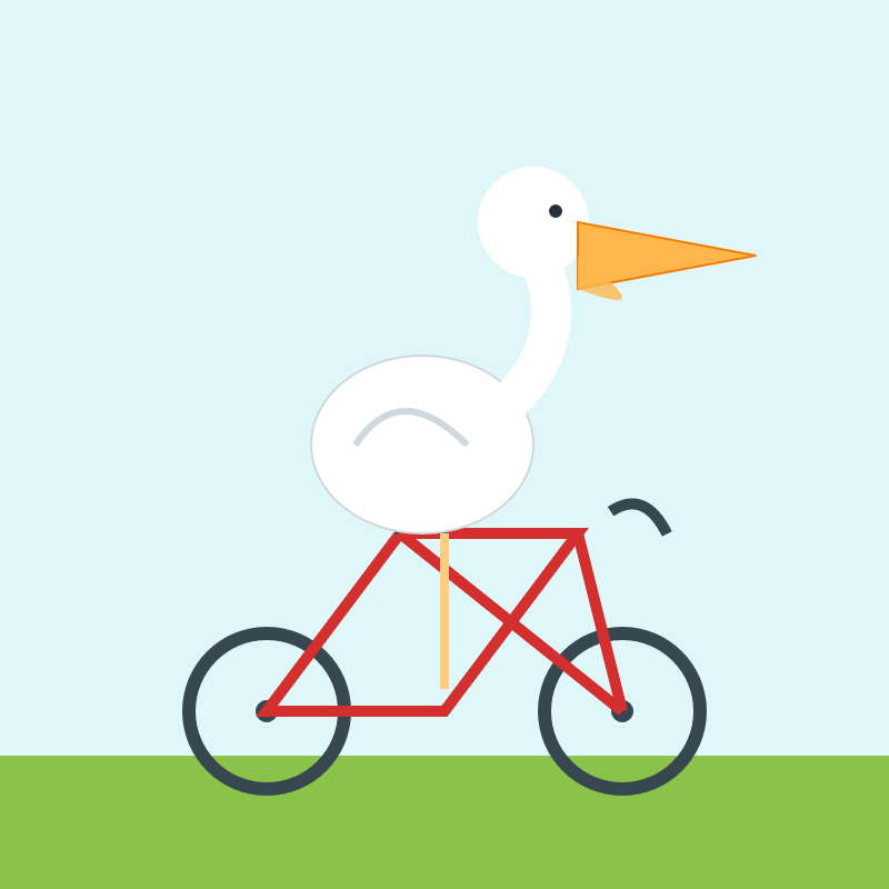 Bicycle has the right pieces although the frame is wonky. Pelican is genuinely good, has a big triangle beak and a nice curved neck and is clearly a bird that is sitting on the bicycle