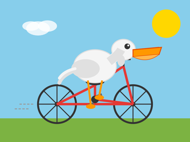 The pelican is good and has a well defined beak. The bicycle frame is a wonky red triangle. Nice sun and motion lines.