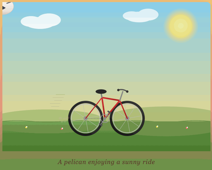 Animation - the wheels and pedals rotate, the clouds move... and the pelican has vanished, but there is a little blob bobbing up and down in the top left corner.