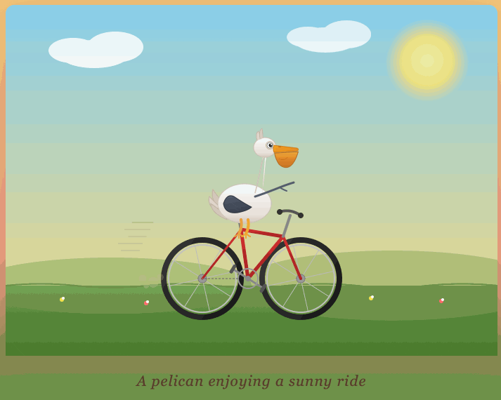 Now everything is right - the bicycle rotates correctly, the pelican sits on it and bobs up and down, and its lower beak moves slightly as well.
