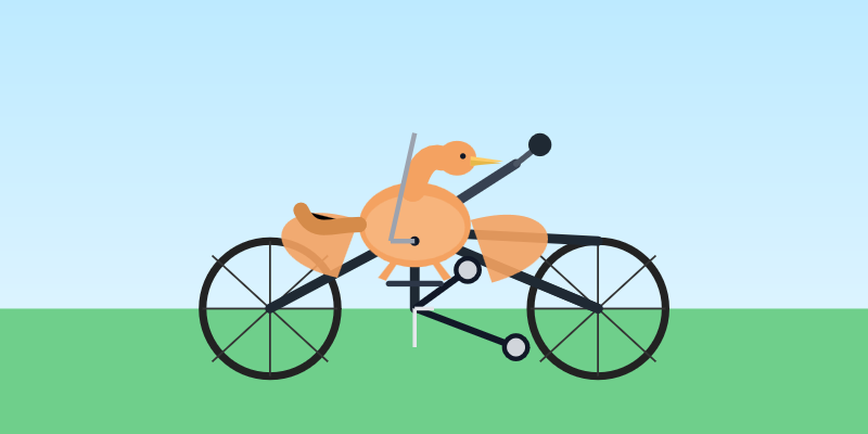 Whimsical flat illustration of an orange duck merged with a bicycle, where the duck's body forms the seat and frame area while its head extends forward over the handlebars, set against a simple light blue sky and green grass background.