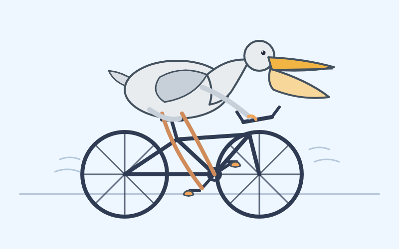alt text by GPT-5.4: Illustration of a cartoon pelican riding a bicycle, with a light gray background, dark blue bike frame and wheels, orange beak and legs, and motion lines suggesting movement.