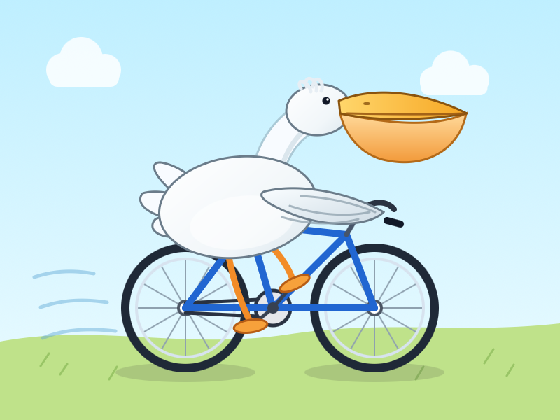 Pelican has gradients now, body is much better put together, bicycle is nearly the right shape albeit with one extra bar between pedals and front wheel, clearly a better image overall.