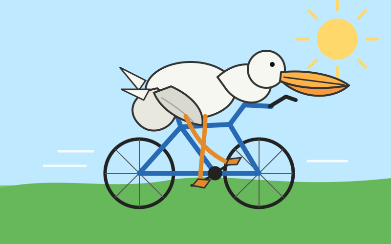 It is a bit mangled to be honest - good beak, pelican body shapes are slightly weird, legs do at least extend to the pedals, bicycle frame is not quite right.