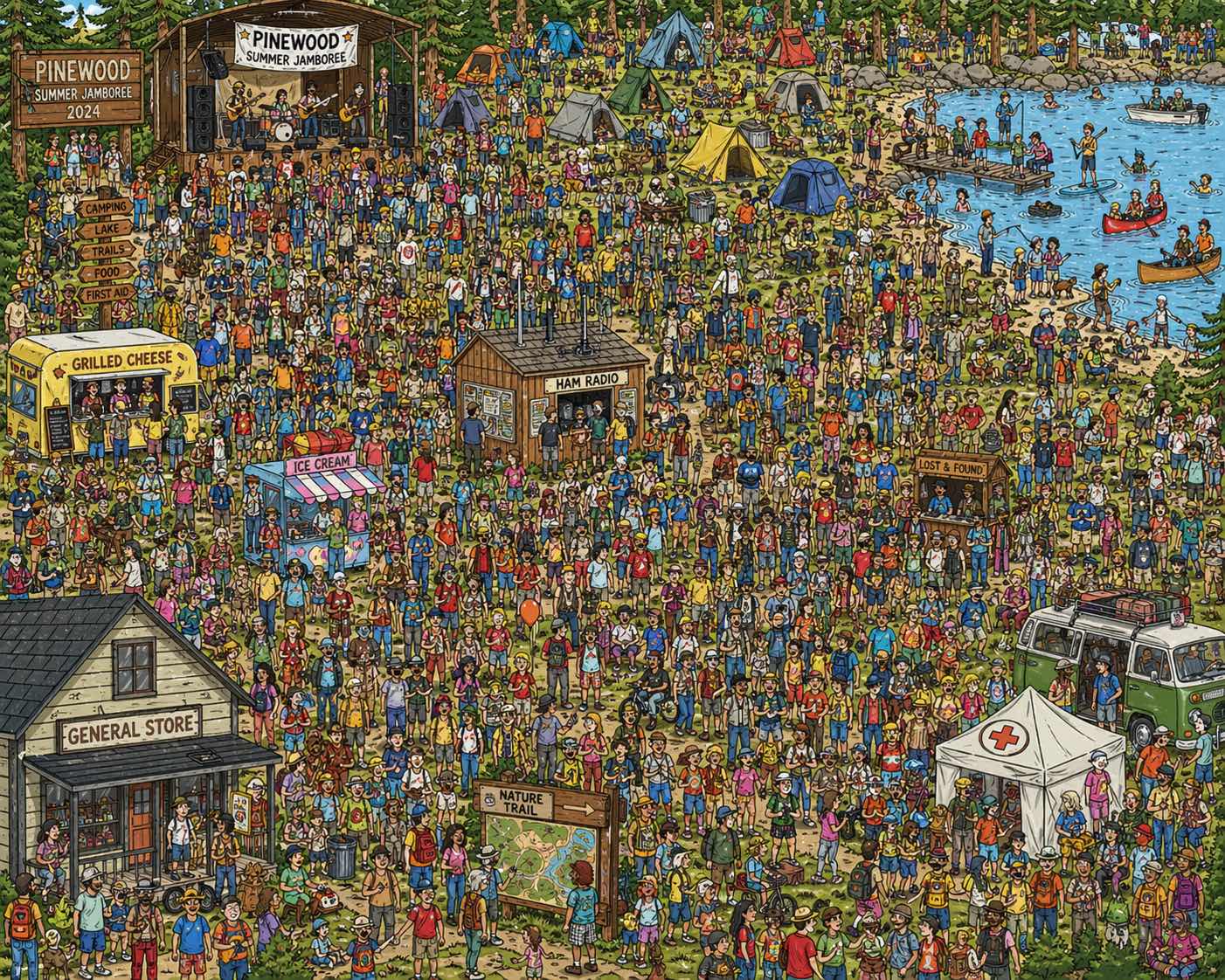 Lots of stuff, a ham radio booth, many many people, a lake, but maybe no raccoon?