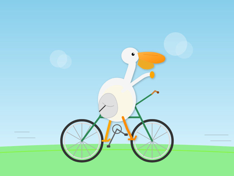Cartoon illustration of a white pelican with a large orange beak and yellow throat pouch riding a green bicycle with yellow feet on the pedals, set against a light blue sky with soft bokeh circles and a green grassy hill. The bicycle frame is a little questionable. The pelican is quite good. The feet do not quite align with the pedals, which are floating clear of the frame.