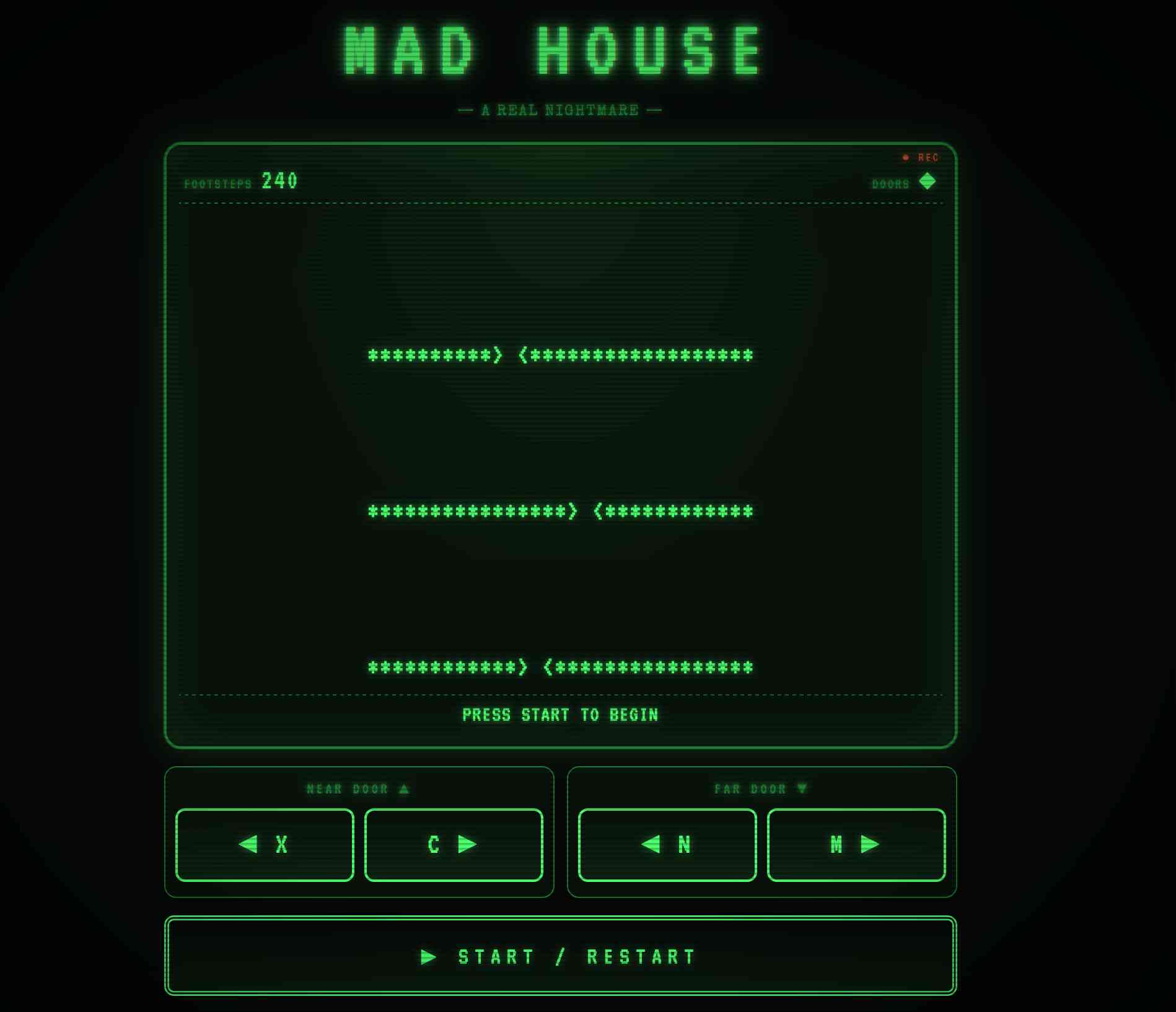 Screenshot of a retro green-on-black terminal-style game interface titled "MAD HOUSE — A REAL NIGHTMARE —" with a REC indicator, FOOTSTEPS 240, DOORS counter, three rows of ASCII corridors made of asterisks with ">" and "<" door markers, "PRESS START TO BEGIN" text, NEAR DOOR controls (X and C) and FAR DOOR controls (N and M), and a "▶ START / RESTART" button at the bottom.