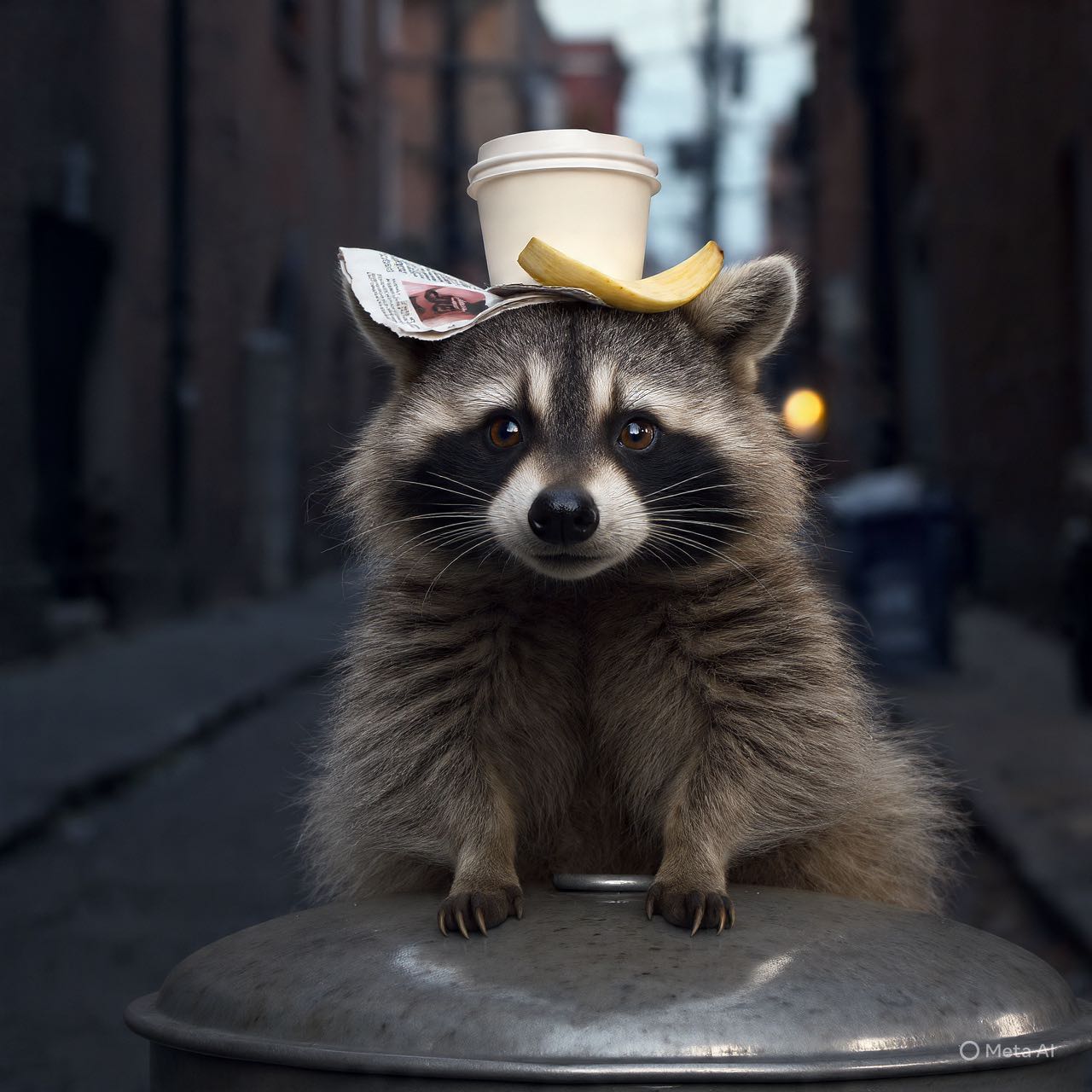 It's a photo of a raccoon wearing a disposable coffee cup and some newspaper and banana peel as a hat. It's pretty good