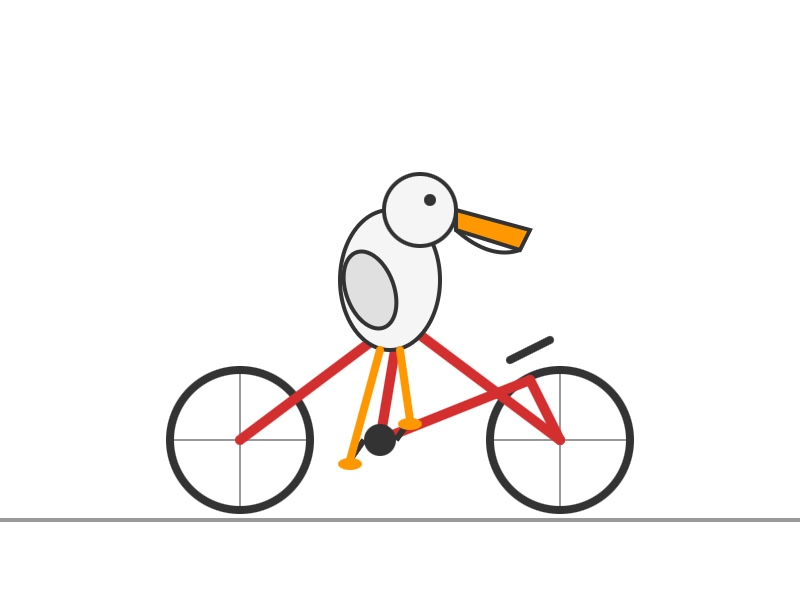 This is a pretty basic pelican. The bicycle is mangled, the pelican itself has a rectangular beak albeit with a hint of pouch curve below it. Not a very good one.