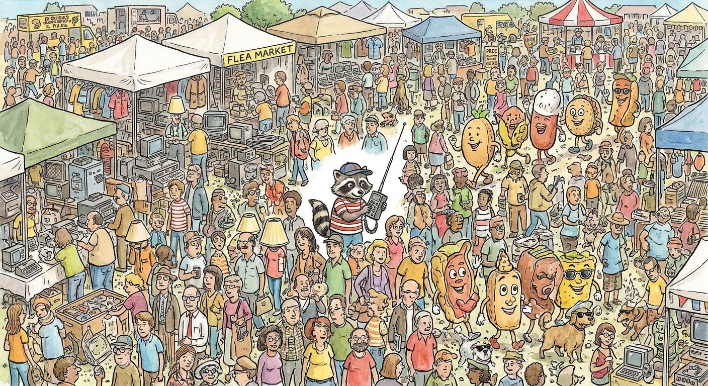 The raccoon is larger than everyone else, right in the middle of the image with an ugly white border around it.