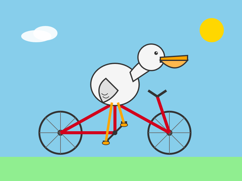 The bicycle frame is entirely the wrong shape but in a different way. Lines are more bold. Pelican looks a bit more like a pelican.