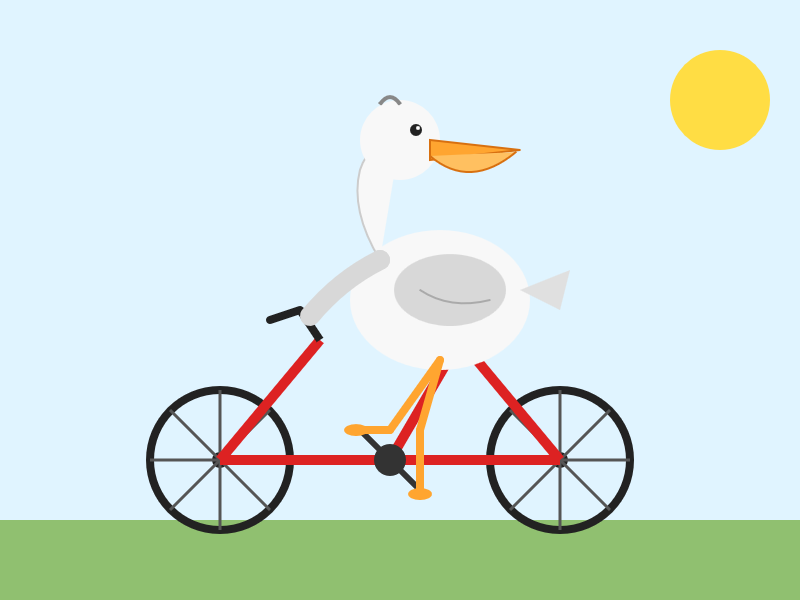 The bicycle frame is entirely the wrong shape. No clouds, a yellow sun. The pelican is looking behind itself, and has a less pronounced pouch than I would like.