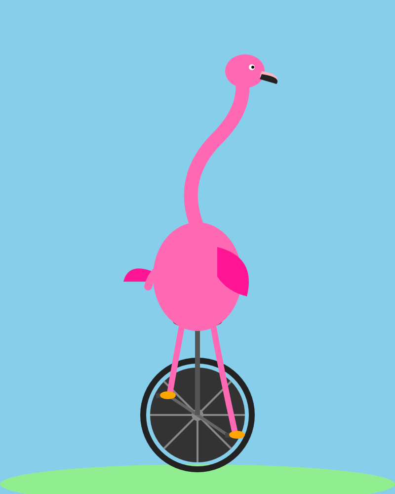 The unicycle has black wheels. The flamingo is a competent if slightly dull vector illustration of a flamingo. It has no flair.