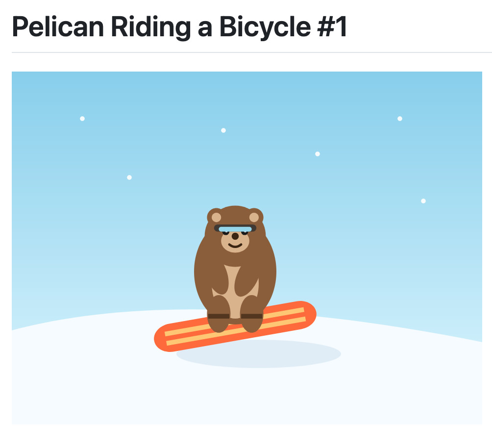 The heading says "Pelican Riding a Bicycle #1 - the image is a bear on a snowboard