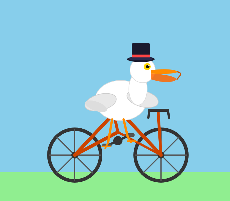 The pelican has a jaunty top hat with a red band. There is a string between the upper and lower beaks for some reason. The bicycle frame is warped in the wrong way.
