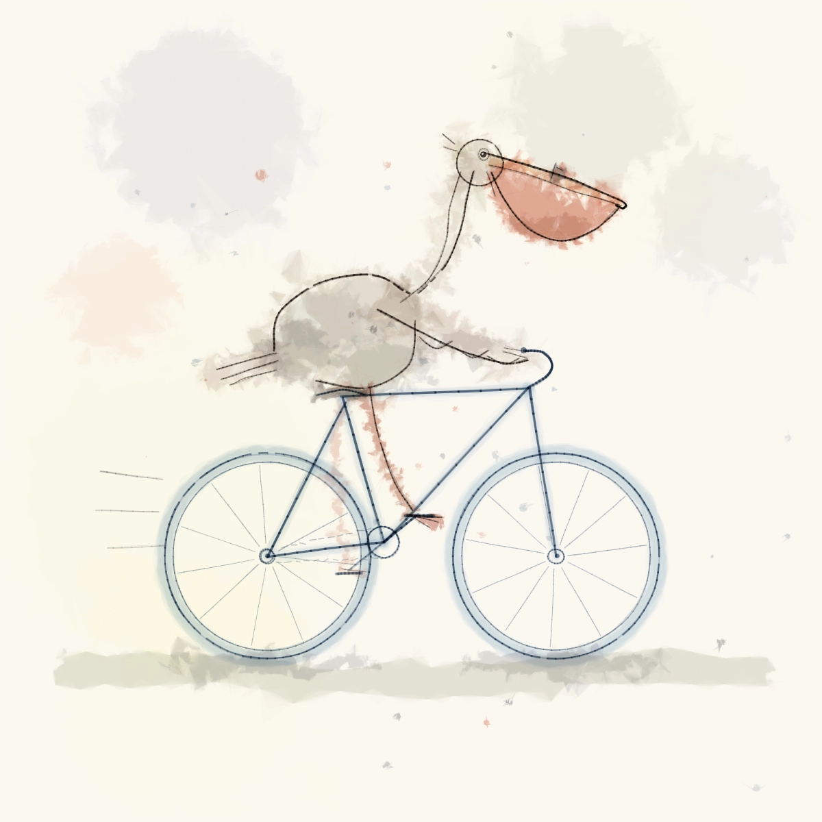 Blotchy watercolor style illustration of a pelican riding a bicycle. Looks a little bit Quentin Blake.