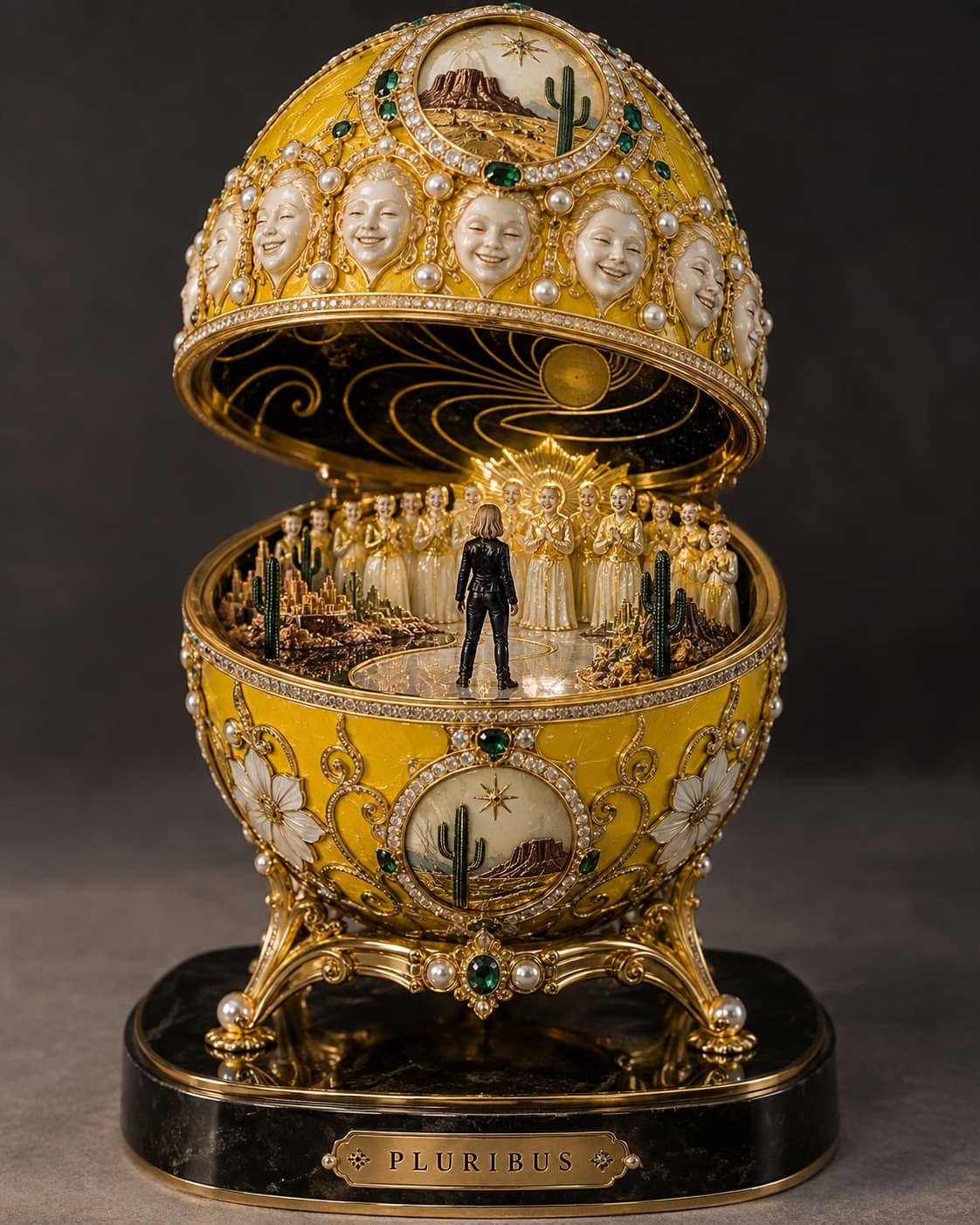 It's a yellow Fabergé egg, half open. Inside you can clearly see Carol in her black outfit facing off against a choir of creepy white-faced joined humans. There are cacti and it has an Albuquerque New Mexico feel to it. The egg stand has a Pluribus plaque.