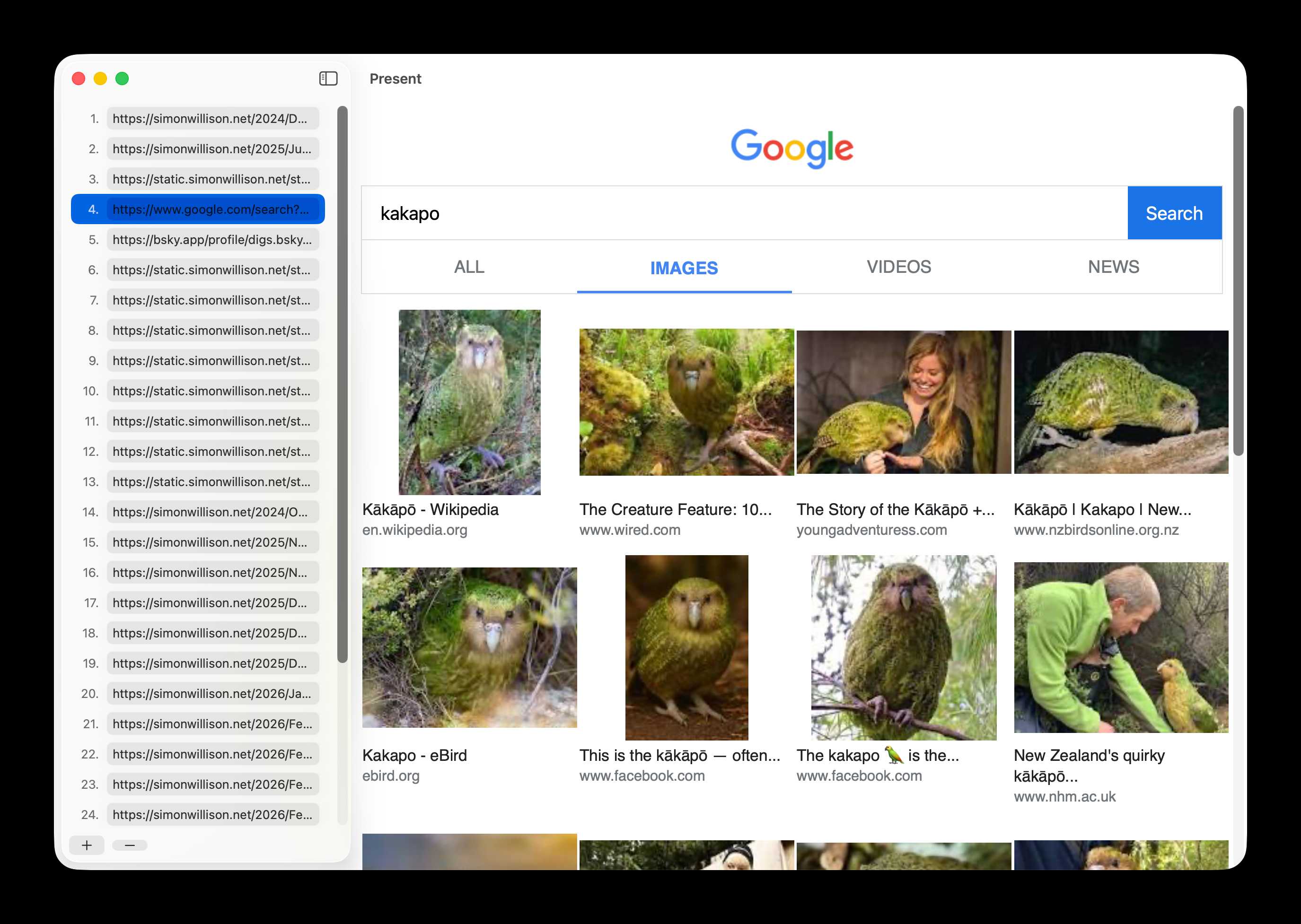 Screenshot of a macOS app window titled "Present" showing Google Image search results for "kakapo". A web view shows a Google image search with thumbnail photos of kākāpō parrots with captions. A sidebar on the left shows a numbered list of URLs, mostly from simonwillison.net and static.simonwillison.net, with item 4 (https://www.google.com/search?...) highlighted in blue.