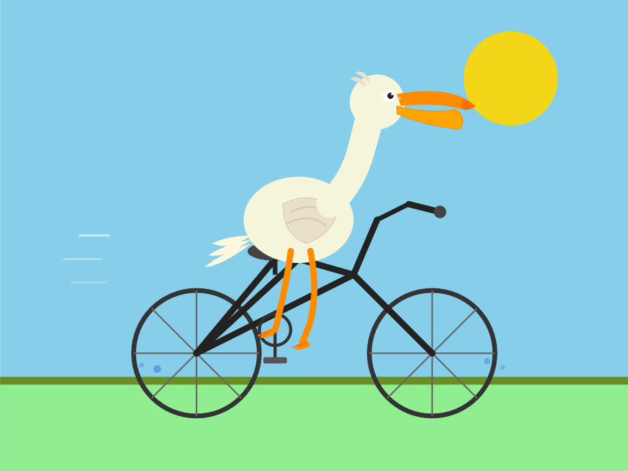 The bicycle frame is a bad shape now. The pelican remains recognizable but has a less obvious pouch. The feet miss the pedal, there is no attempt to hold the handlebars.