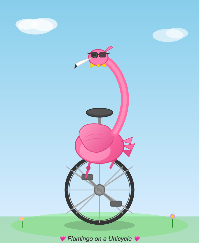 The unicycle spokes are a too long. The pelican has sunglasses, a bowtie and appears to be smoking a cigarette. It has two heart emoji surrounding the caption Flamingo on a Unicycle. It has a lot of charisma.