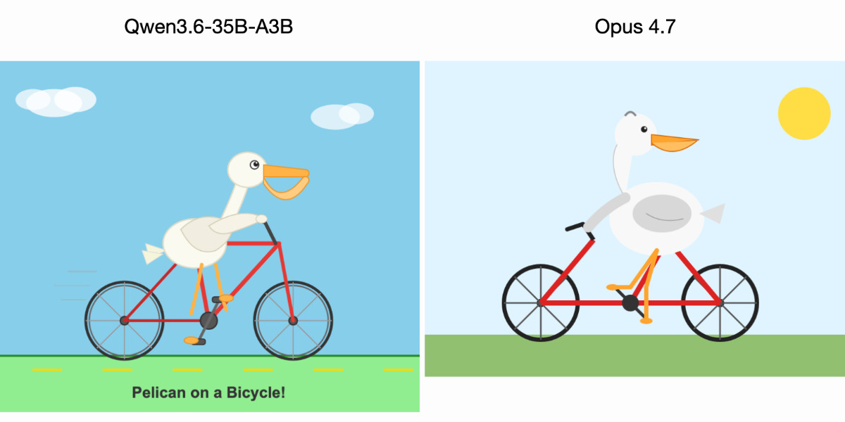 Visit Qwen3.6-35B-A3B on my laptop drew me a better pelican than Claude Opus 4.7