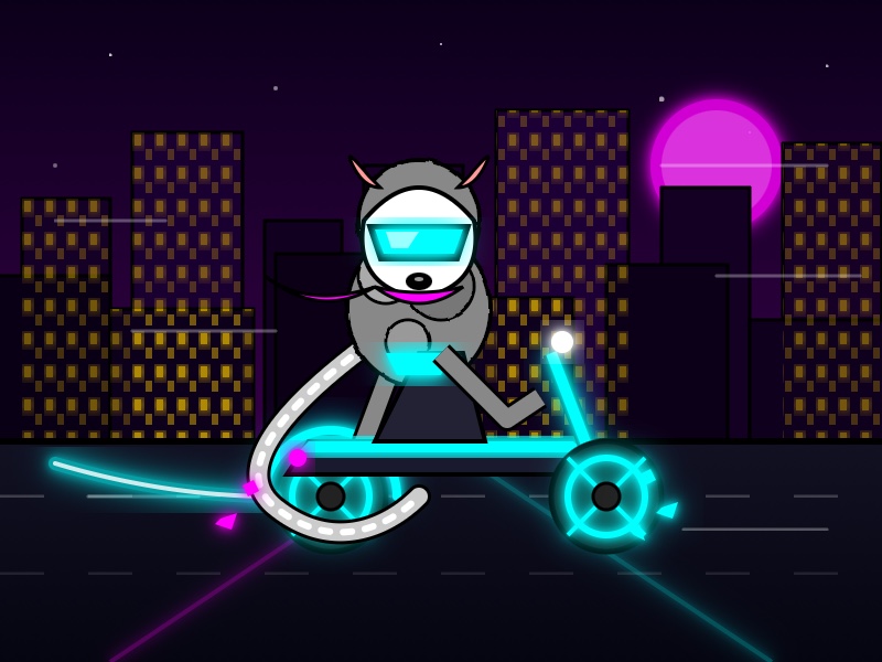 Digital illustration in a neon Tron-inspired style of a grey cat-like creature wearing cyan visor goggles riding a glowing cyan futuristic motorcycle through a dark cityscape at night, with its long tail trailing behind, silhouetted buildings with yellow-lit windows in the background, and a glowing magenta moon on the right.