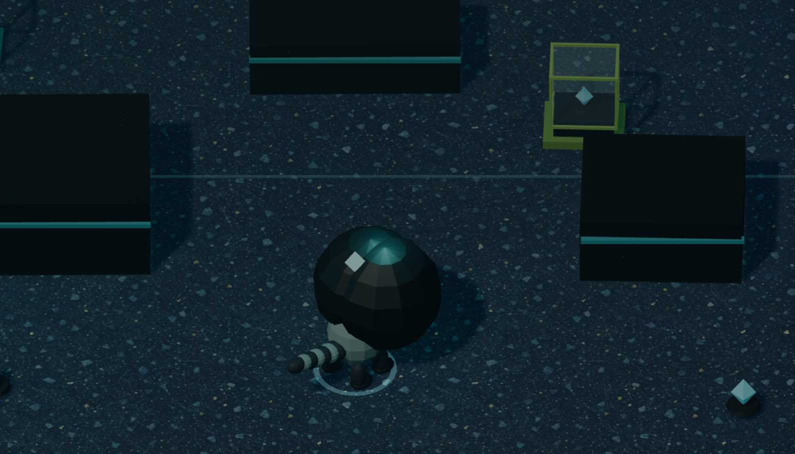 The main player character racoon is visible with an enormous polygon-based black sphere four times the size of its body overlapping its head, with a white pupil on it.