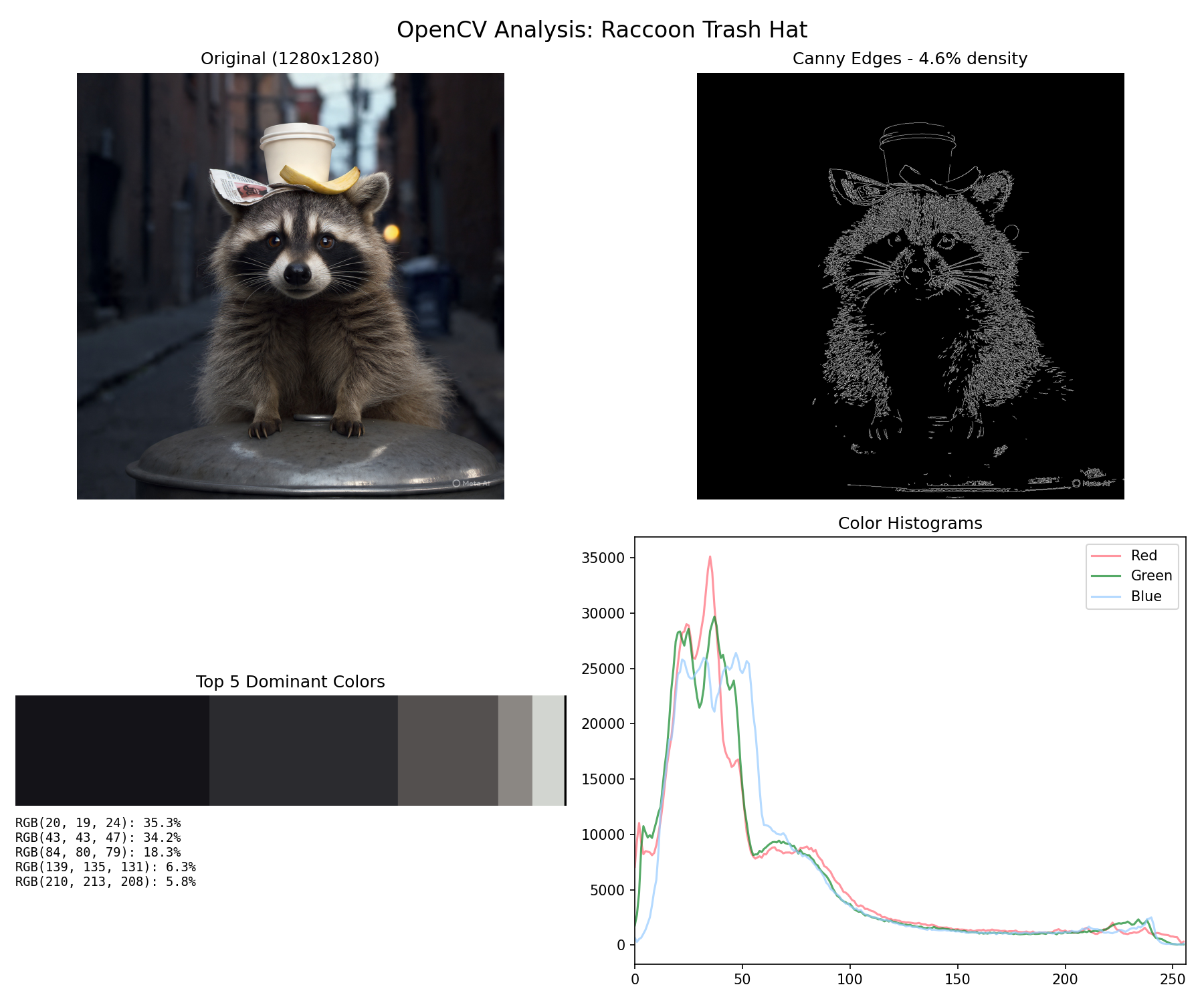 OpenCV image analysis dashboard titled "OpenCV Analysis: Raccoon Trash Hat" with four panels: top-left shows the original 1280x1280 photo of a raccoon wearing a trash-lid hat with a coffee cup and newspaper on top in an alley; top-right shows a Canny edge detection version with white edges on black background labeled "Canny Edges - 4.6% density"; bottom-left shows "Top 5 Dominant Colors" as swatches with values RGB(20, 19, 24): 35.3%, RGB(43, 43, 47): 34.2%, RGB(84, 80, 79): 18.3%, RGB(139, 135, 131): 6.3%, RGB(210, 213, 208): 5.8%; bottom-right shows "Color Histograms" line chart with Red, Green, and Blue channels plotted from 0-250 on x-axis and 0-35000 on y-axis, peaking around value 25-50.