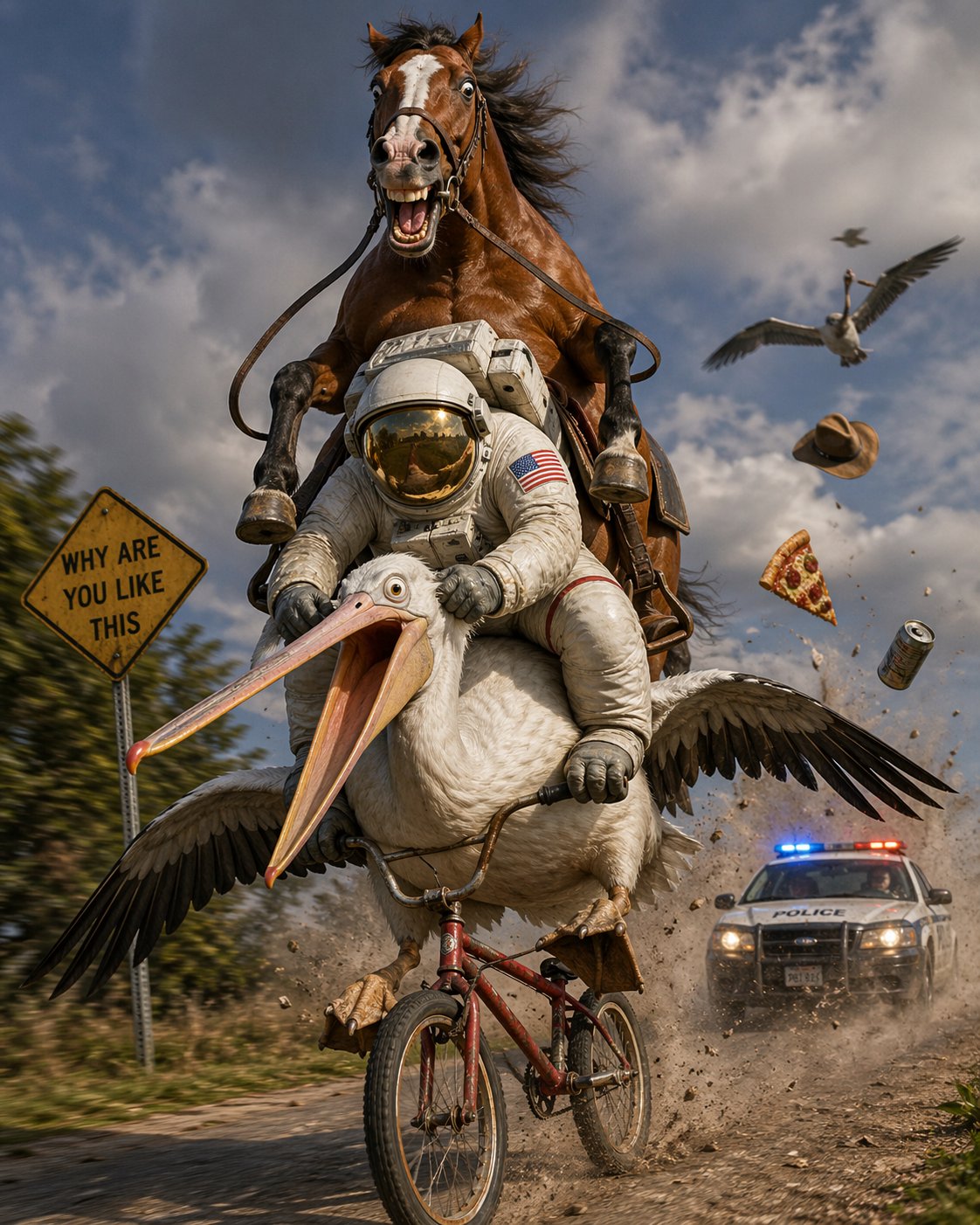 AI generated image. A pelican is riding a bicycle along a dirt track, chased by a police car. The pelican looks panicked, likely because there is an astronaut (with prehensile toes for some reason) riding the pelican clinging on to where its ears should be. The astronaut is being ridden by a horse, with an equally wild expression. A slice of pizza and a can and a cowboy hat are falling next to them. A road sign in the background reads WHY ARE YOU LIKE THIS.